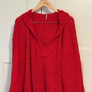 Free People-cozy Red Hooded Knit Sweater
